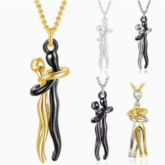 Stainless Steel Hugging Couple Pendant Necklace - Black Male & Gold Female - Picture 2 of 3